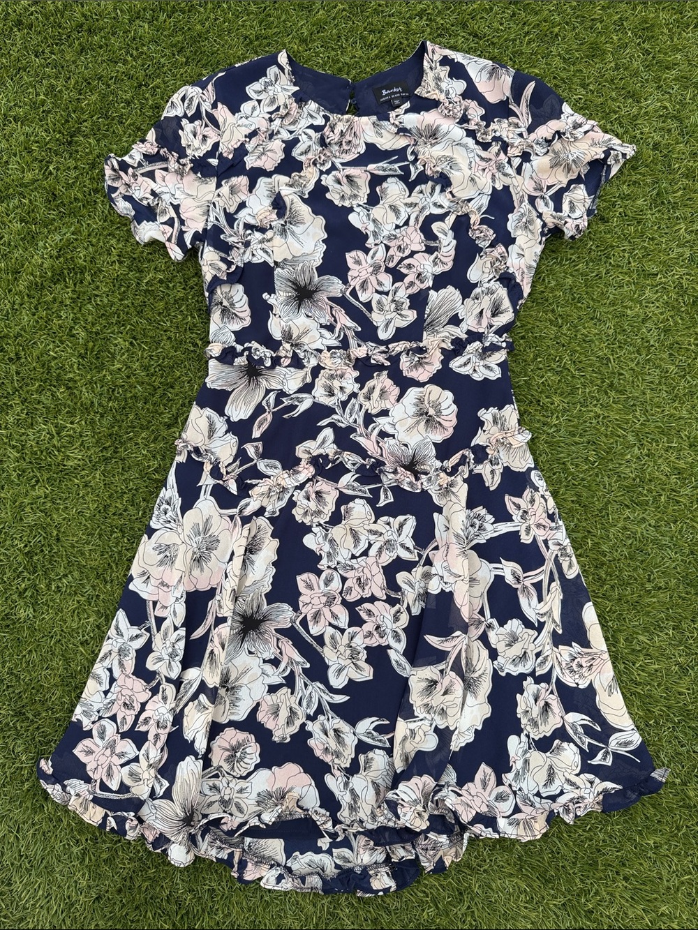 Bardot Navy Floral Mini Dress with Blush and White Flowers